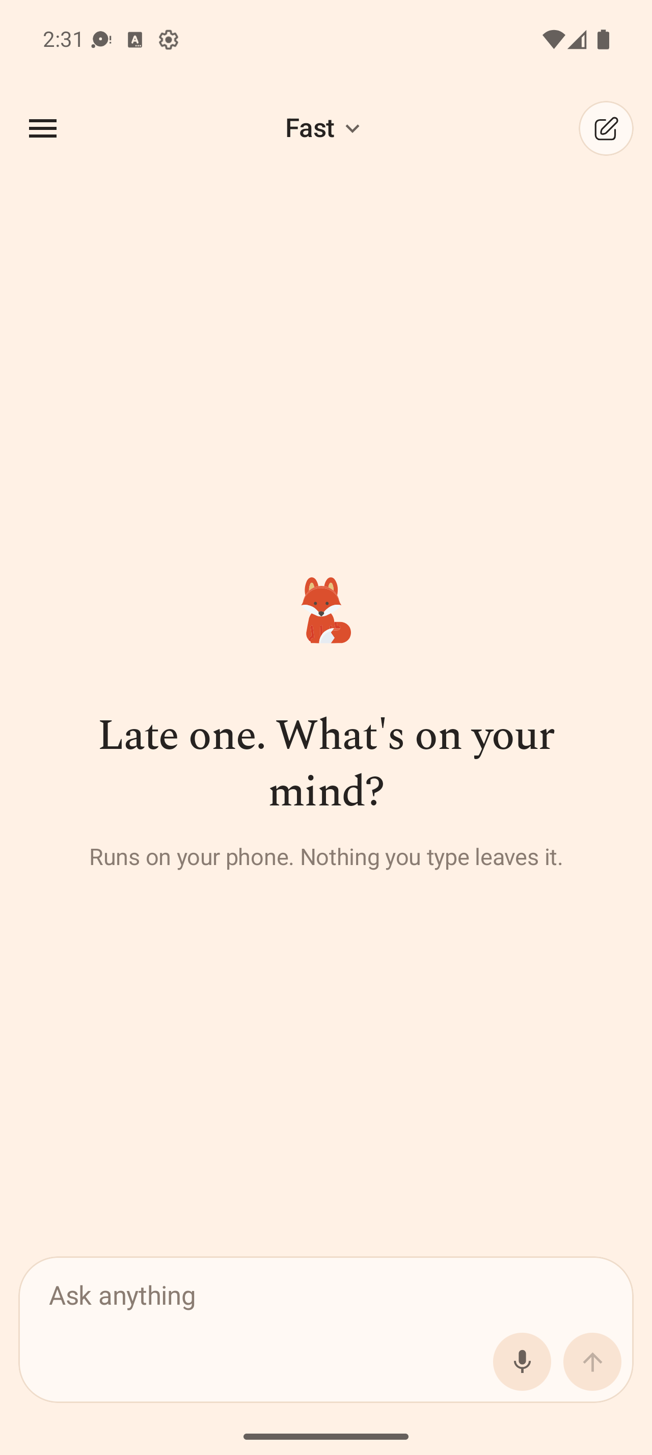 Lite Mind's chat screen: the fox mark above the greeting "Late one. What's on your mind?" and an "Ask anything" box.